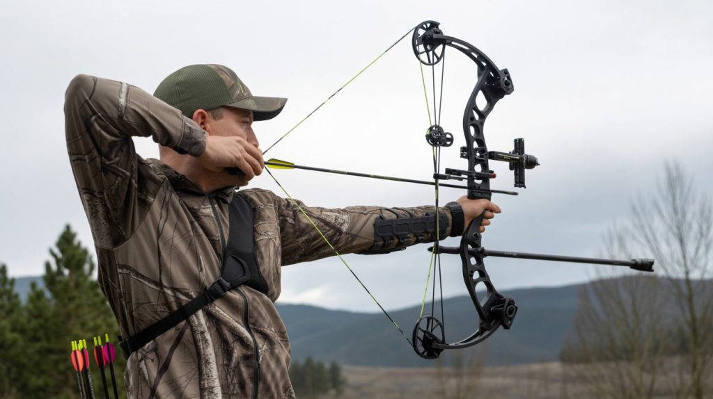 A rugged hunter in camouflage gear drawing a compound bow in the forest, autumn leaves, golden light, intense and masculine look, cinematic outdoors hunting photo, horizontal wide framing