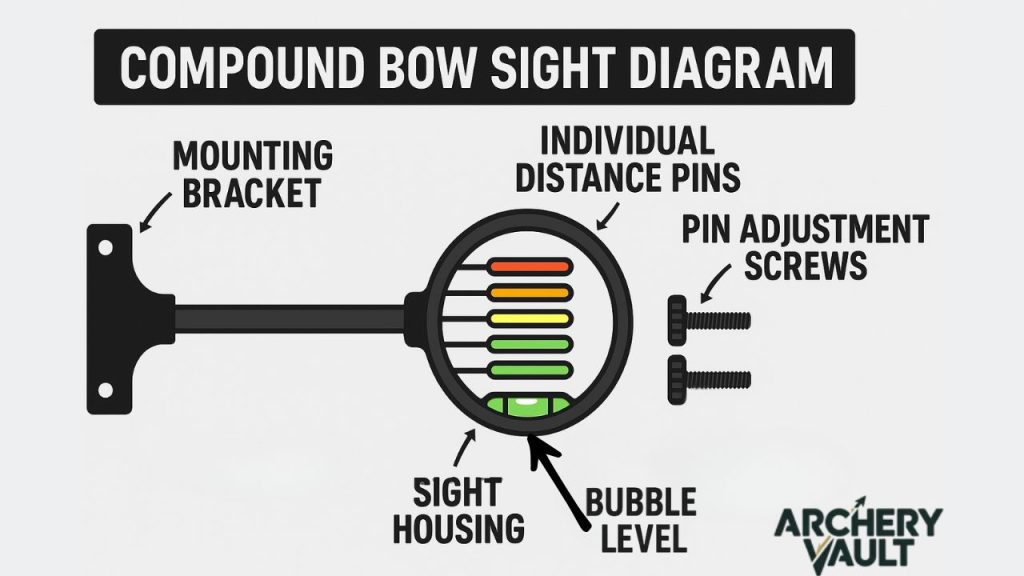 Compound bow sight diagram showing pin adjustment screws, sight housing, and individual distance pins